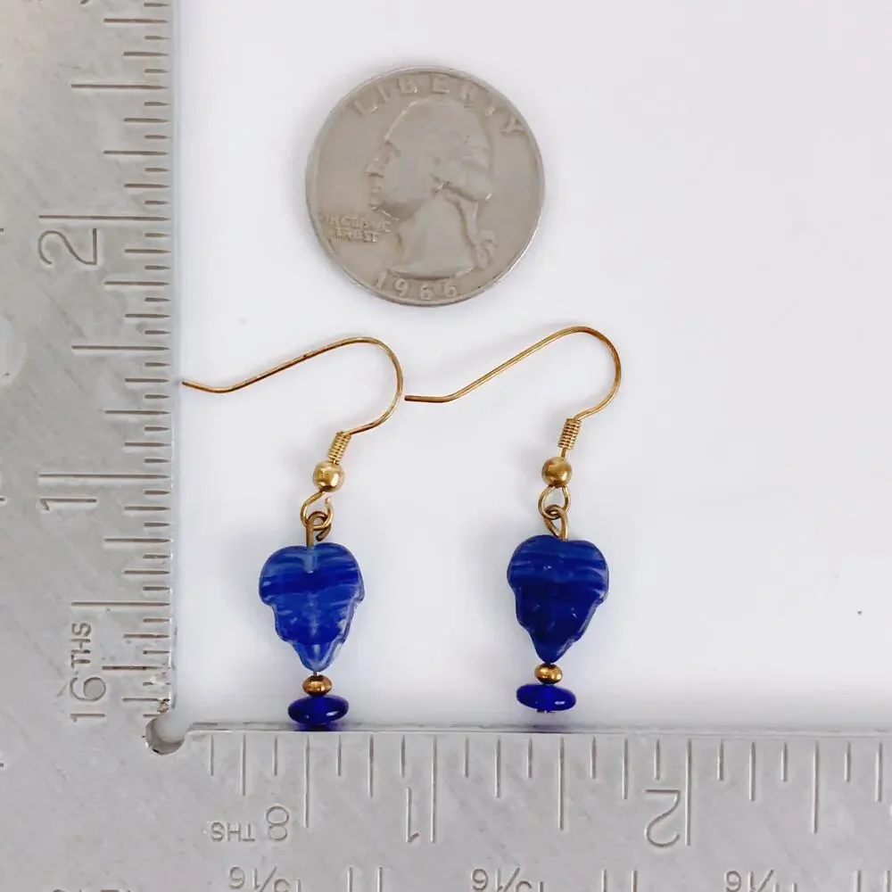 Colbalt Blue Glass Leaf Dangle Earrings Cute Boho Botanical Gold Tone Hooks